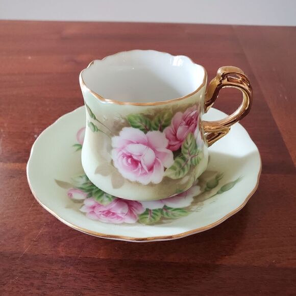VINTAGE LEFTON GREEN HERITAGE COFFEE CUP TEA CUP ROSES GOLD TRIM - Picture 1 of 12